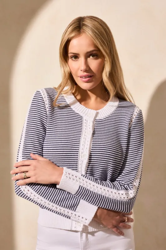Long Sleeve Pointelle Trim Cotton Cardigan-Jet Blue sold by Tribal