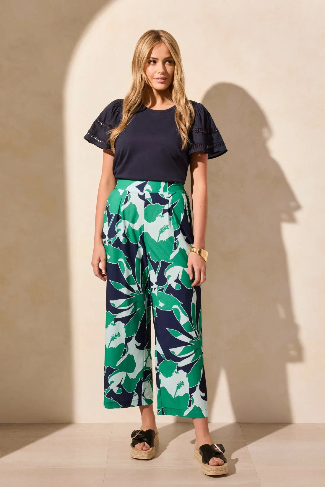 Foliage Print Wide Leg Pull On Ankle Pant-Kelly sold by Tribal