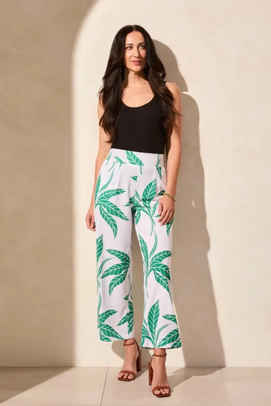 Foliage Print Wide Leg Pull On Ankle Pant-White sold by Tribal