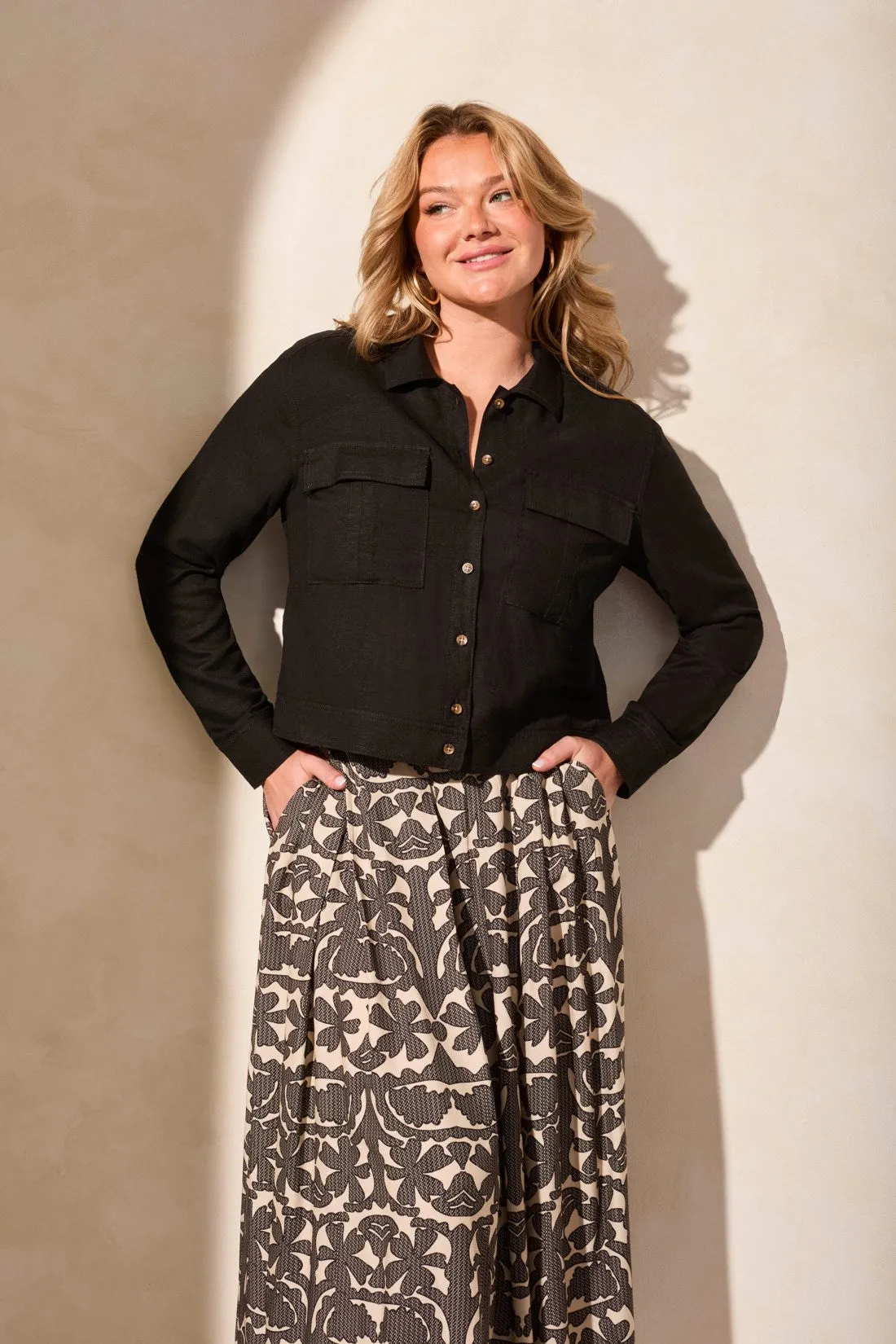 Linen Blend Button-Front Jacket With Chest Pockets-Black sold by Tribal product image thumbnail 3