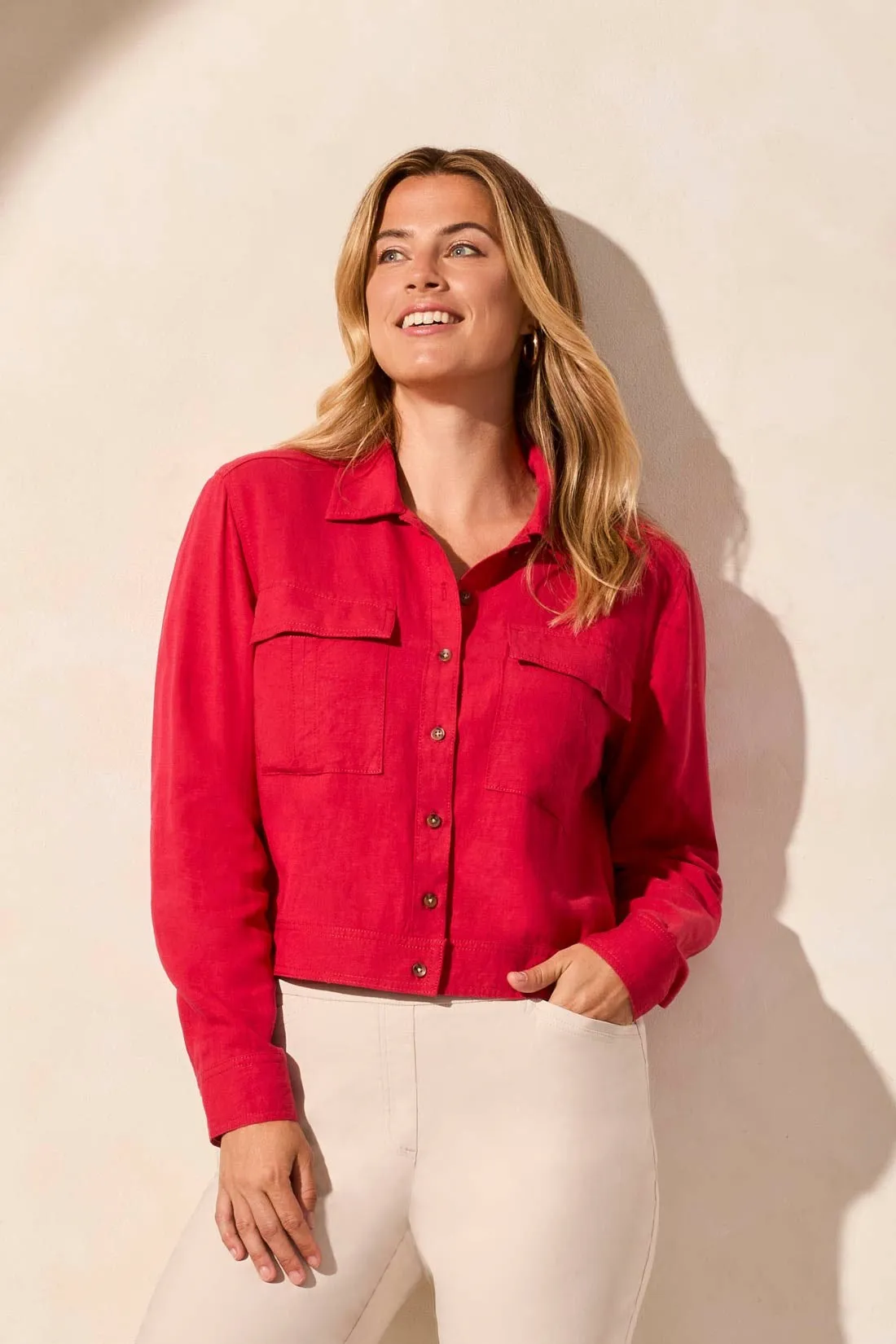 Linen Blend Button-Front Jacket With Chest Pockets-Cherry sold by Tribal product image thumbnail 2