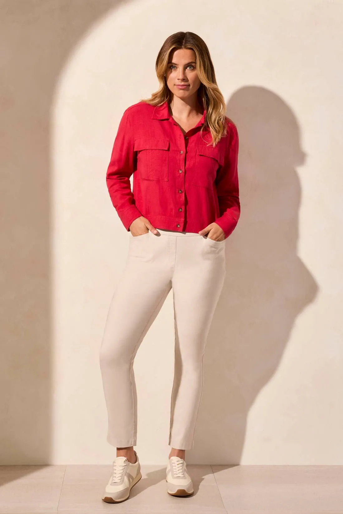 Linen Blend Button-Front Jacket With Chest Pockets-Cherry sold by Tribal