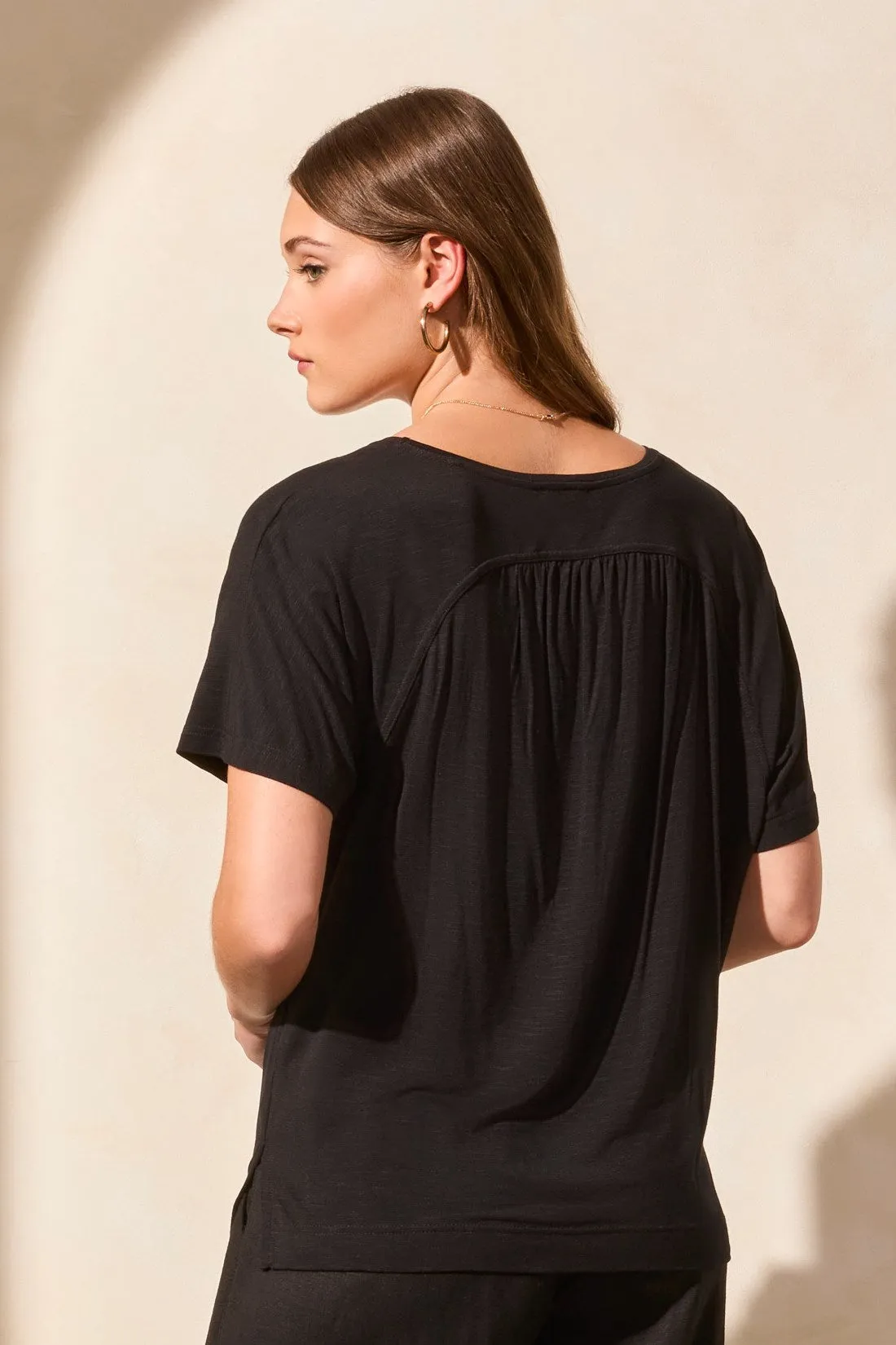 FLOWY JERSEY CREW NECK TOP WITH SHIRRED BACK-Black sold by Tribal product image thumbnail 4