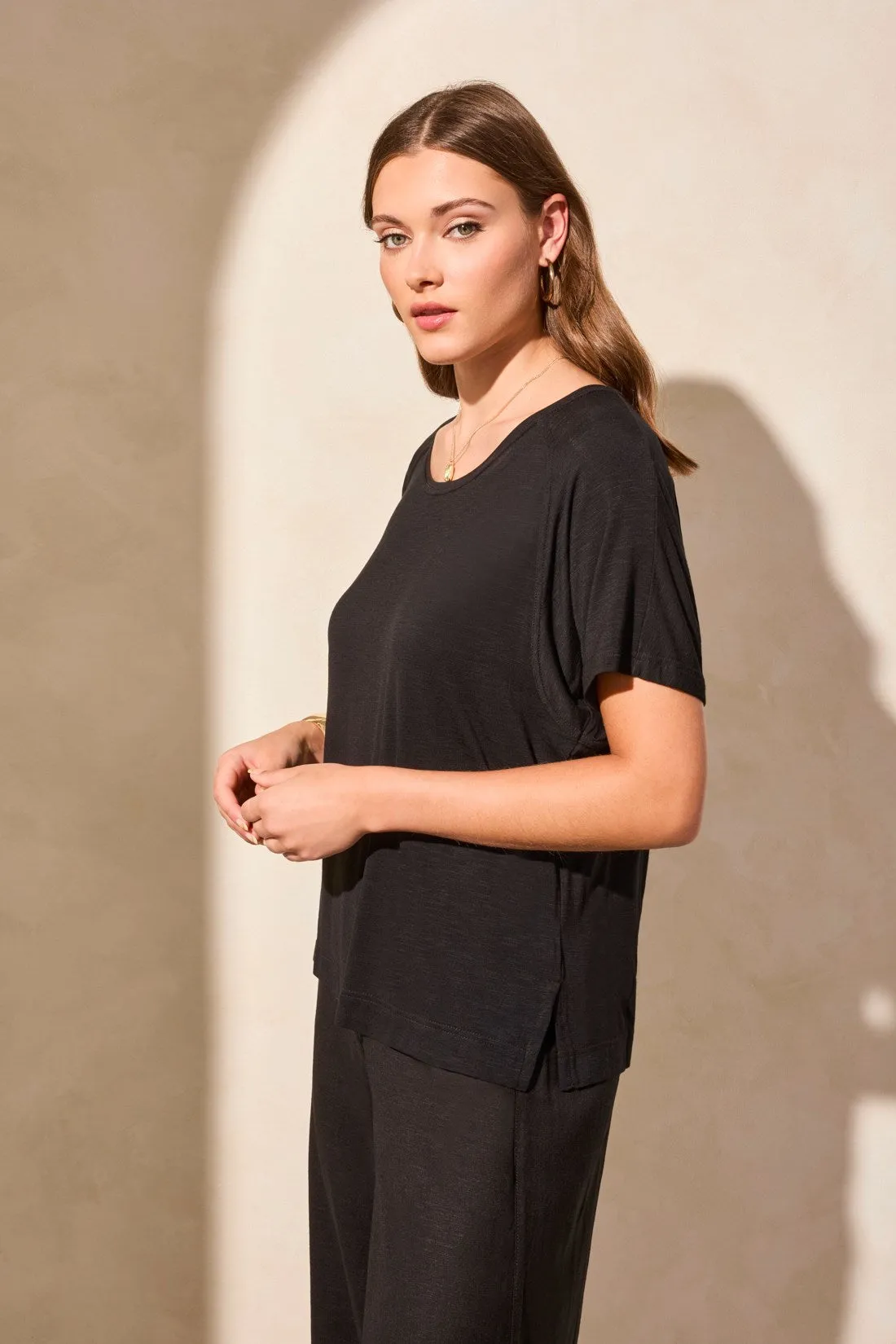 FLOWY JERSEY CREW NECK TOP WITH SHIRRED BACK-Black sold by Tribal product image thumbnail 2