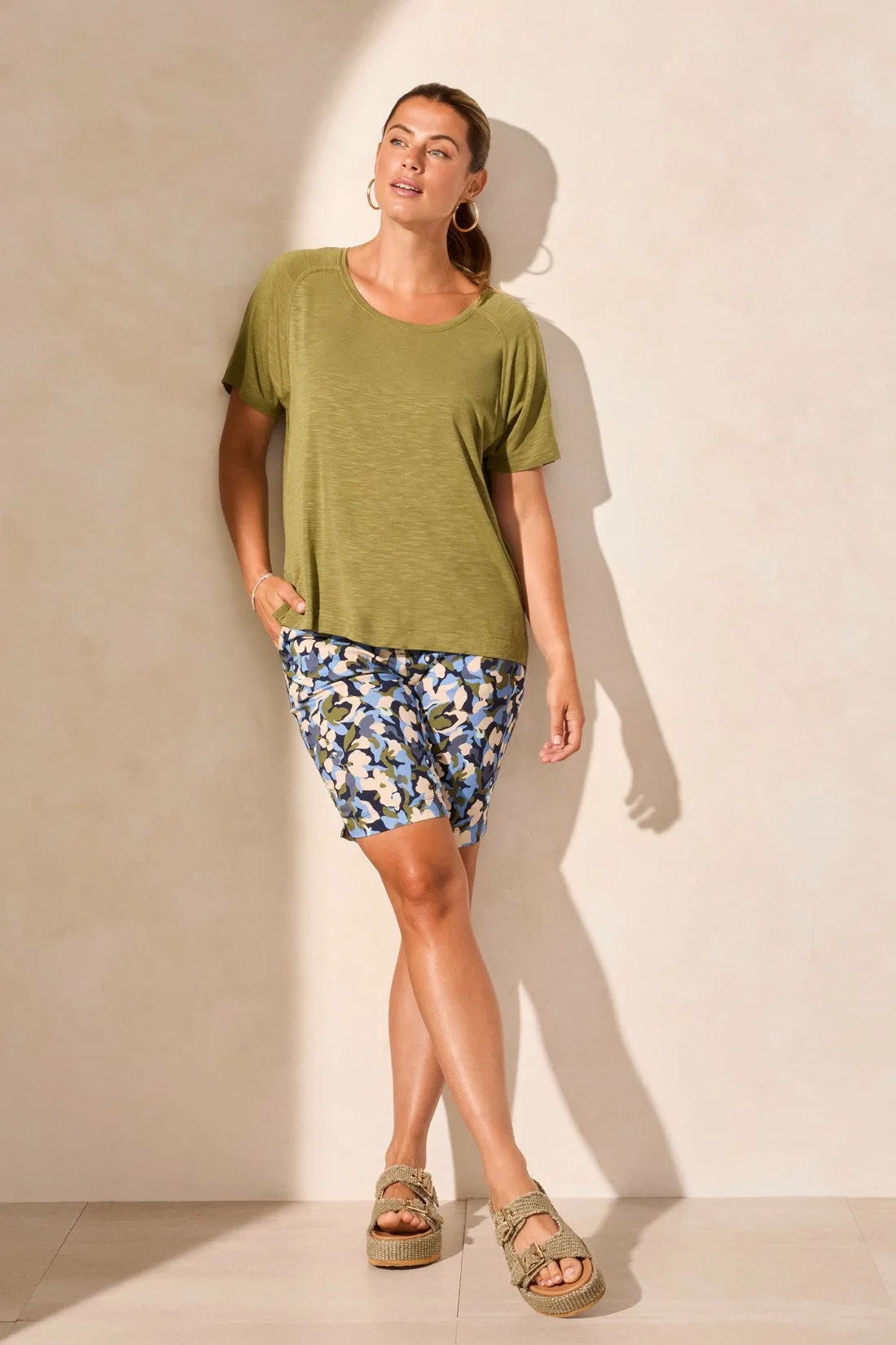 FLOWY JERSEY CREW NECK TOP WITH SHIRRED BACK-Loden sold by Tribal