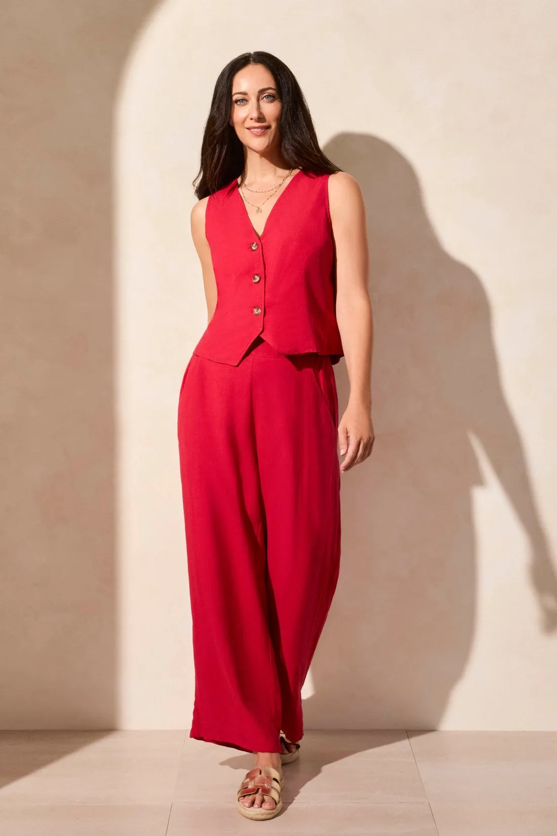 Linen Blend Lined Button-Front Vest-Cherry sold by Tribal