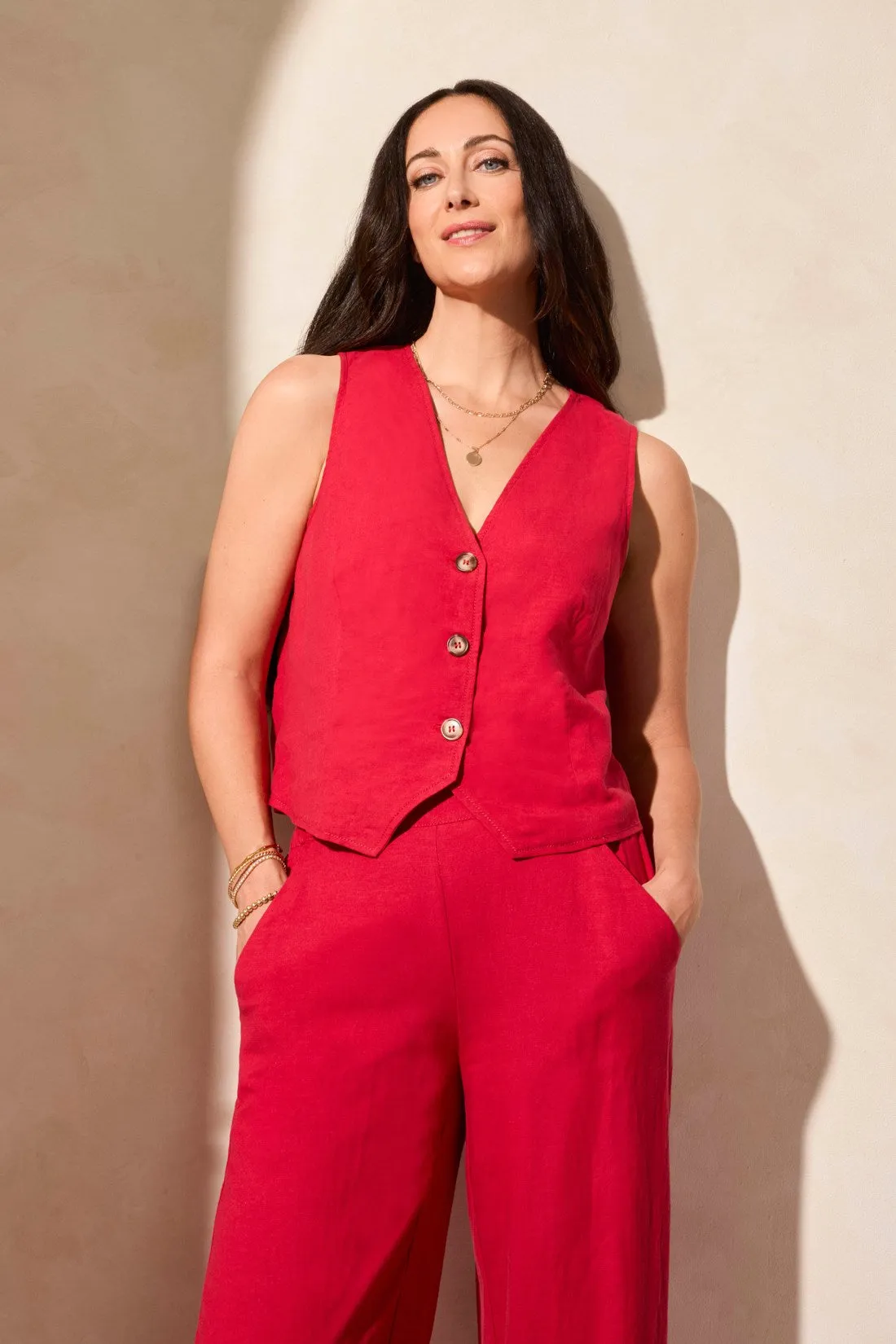 Linen Blend Lined Button-Front Vest-Cherry sold by Tribal product image thumbnail 2