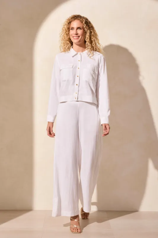 Linen Blend Button-Front Jacket With Chest Pockets-White sold by Tribal
