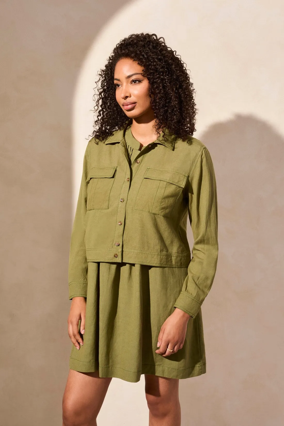 Linen Blend Button-Front Jacket With Chest Pockets-Loden sold by Tribal product image thumbnail 2
