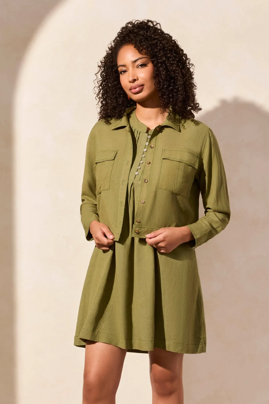 Linen Blend Button-Front Jacket With Chest Pockets-Loden sold by Tribal product image thumbnail 3