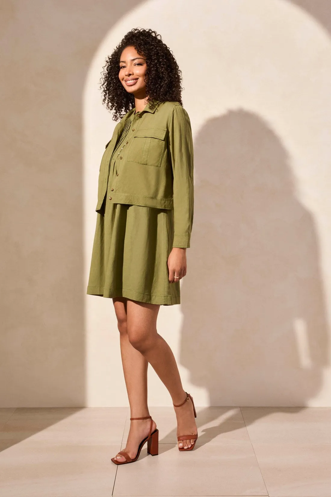 Linen Blend Button-Front Jacket With Chest Pockets-Loden sold by Tribal