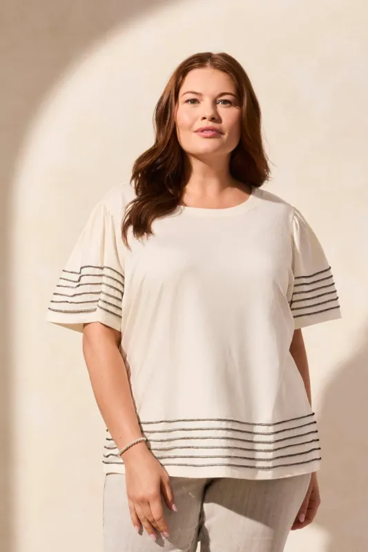 Stripe-Accent Boatneck Top With Contrast Stitching-Cocoblack sold by Tribal