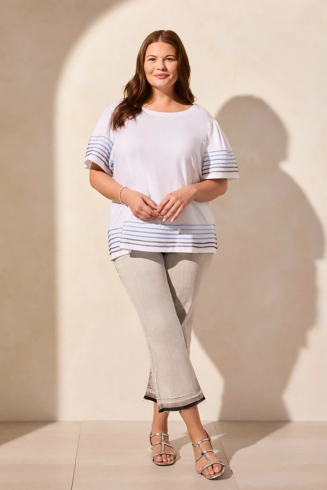 Stripe-Accent Boatneck Top With Contrast Stitching-White sold by Tribal