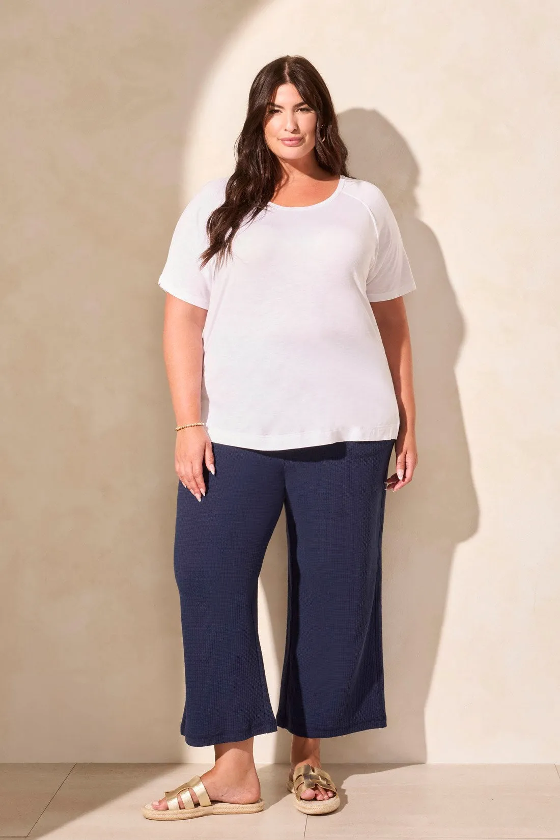 FLOWY JERSEY CREW NECK TOP WITH SHIRRED BACK-White sold by Tribal