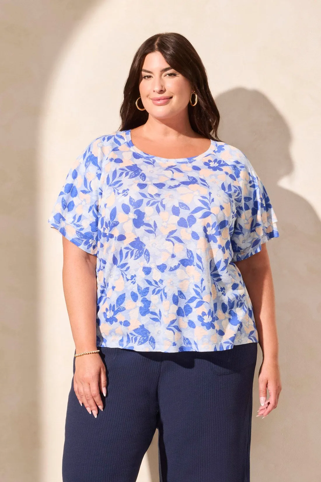 Linen-Blend Ruffle-Sleeve Crew Neck Top-Scuba Blue sold by Tribal product image thumbnail 3