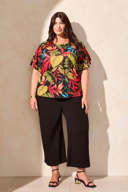 Linen-Blend Ruffle-Sleeve Crew Neck Top-Poppy made by Tribal