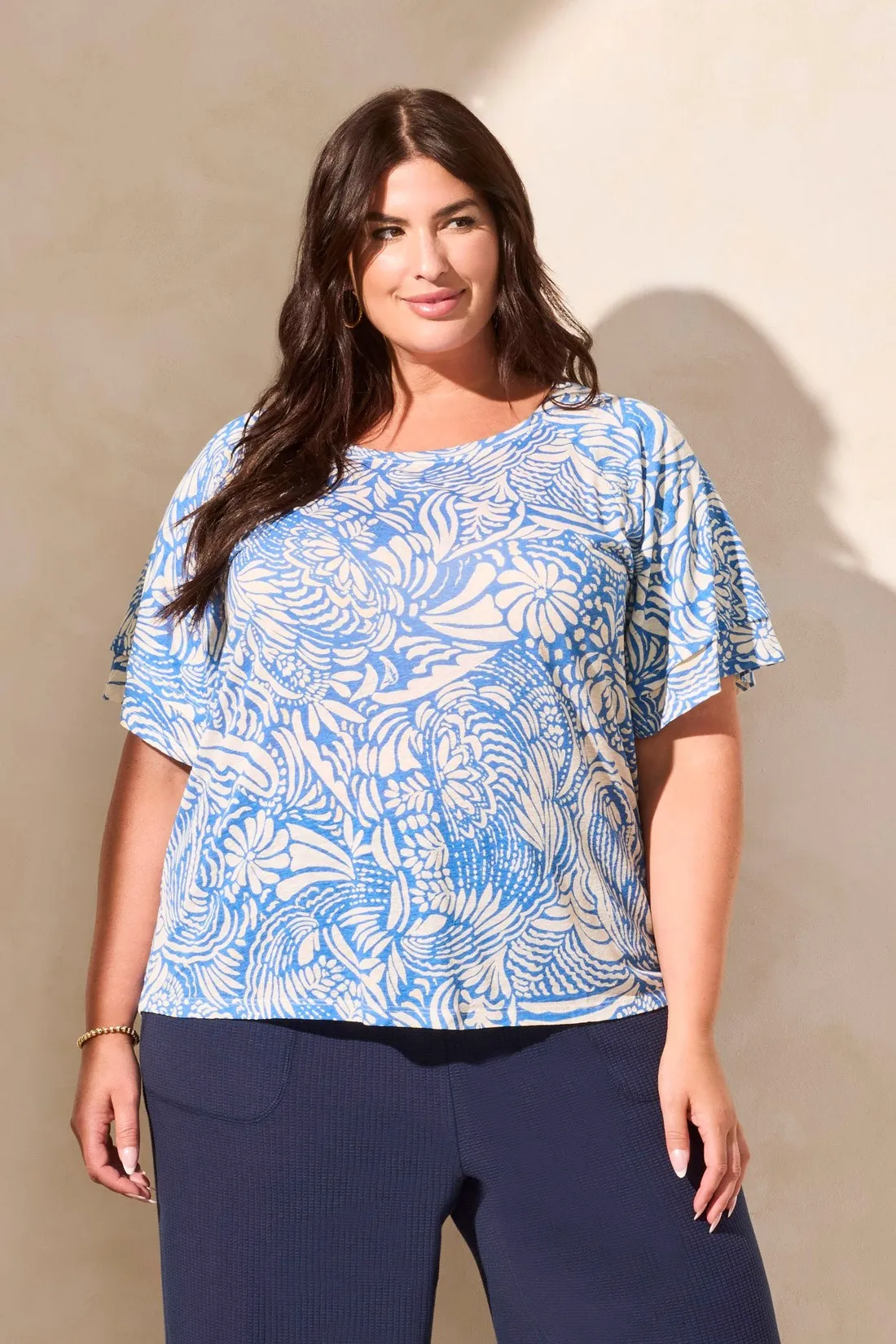 Linen-Blend Ruffle-Sleeve Crew Neck Top-Riviera sold by Tribal product image thumbnail 3