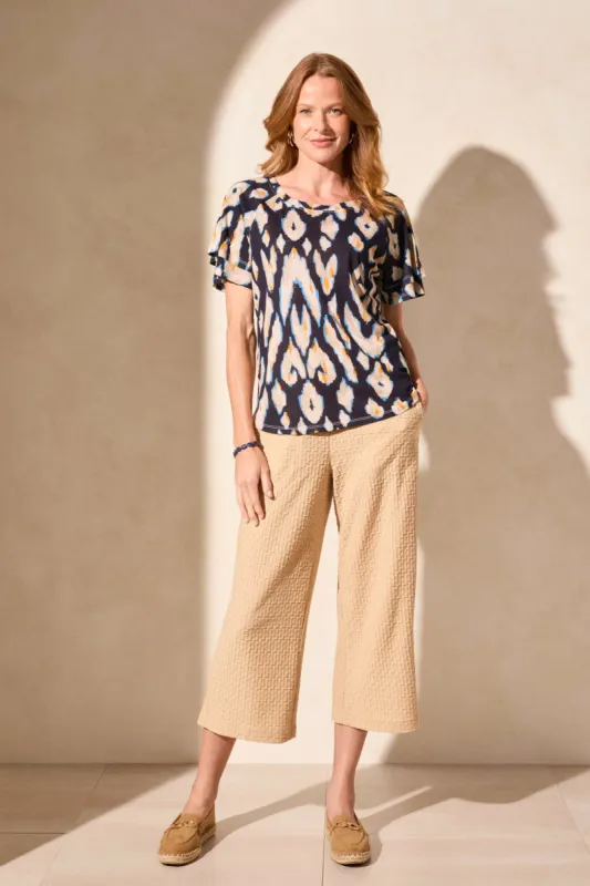 Linen-Blend Ruffle-Sleeve Crew Neck Top-Navy sold by Tribal