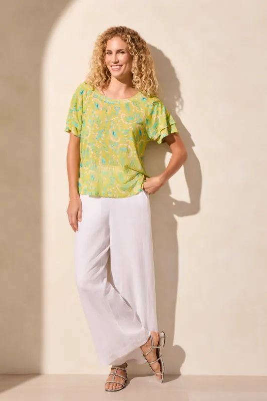 Linen-Blend Ruffle-Sleeve Crew Neck Top-Avocado sold by Tribal