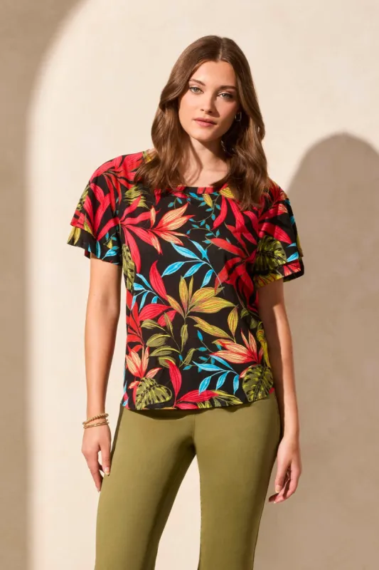 Linen-Blend Ruffle-Sleeve Crew Neck Top-Poppy sold by Tribal