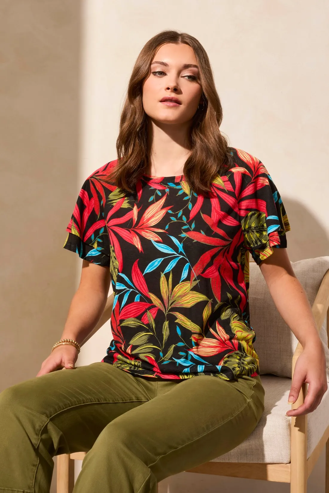 Linen-Blend Ruffle-Sleeve Crew Neck Top-Poppy sold by Tribal product image thumbnail 2