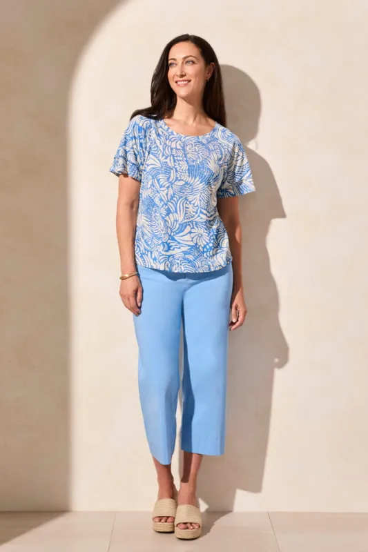 Linen-Blend Ruffle-Sleeve Crew Neck Top-Riviera sold by Tribal