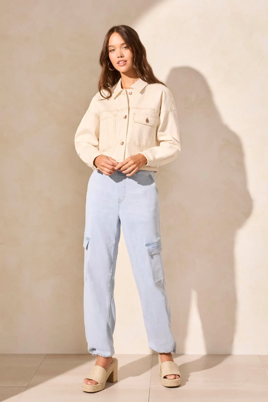 Drop Shoulder Crop Denim Jacket-Ecru sold by Tribal