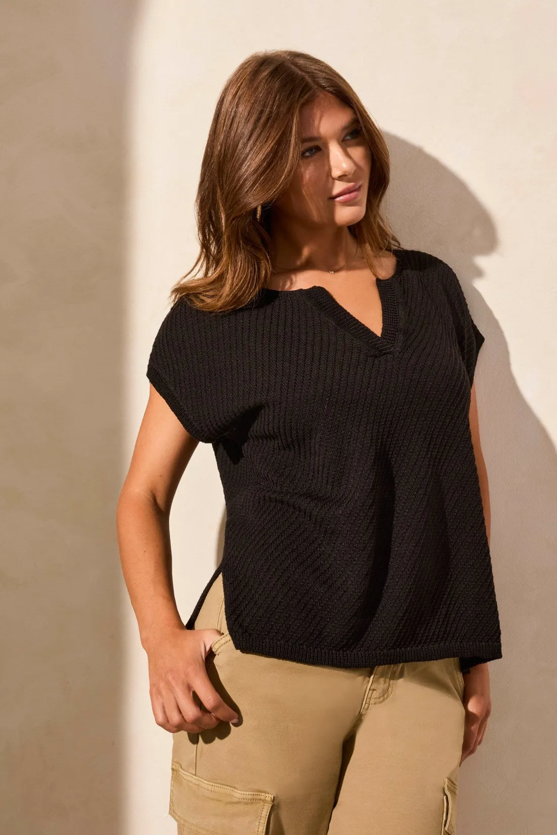 Side-Slit V-Neck Sweater With Extended Shoulders-Black sold by Tribal product image thumbnail 3