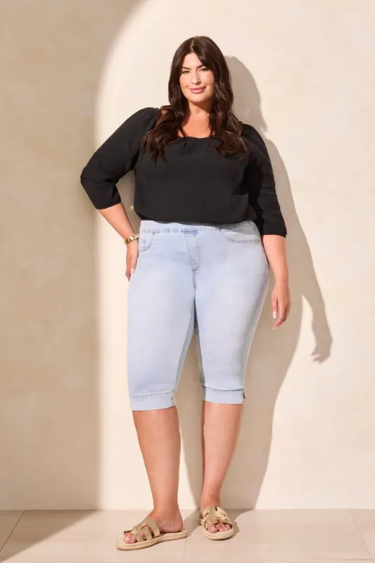 Audrey Comfort Stretch Pull-On Denim Shorts-Lt Surf made by Tribal