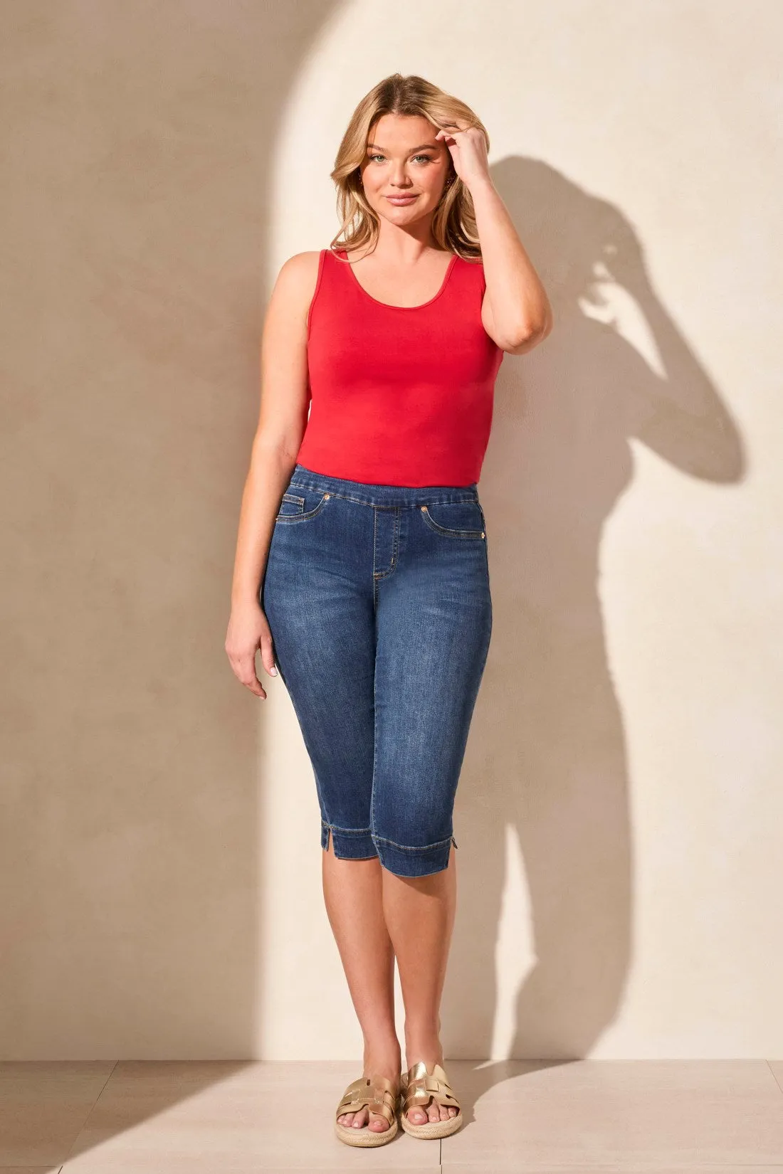 Audrey Comfort Stretch Pull-On Denim Capris-Stormyblue sold by Tribal