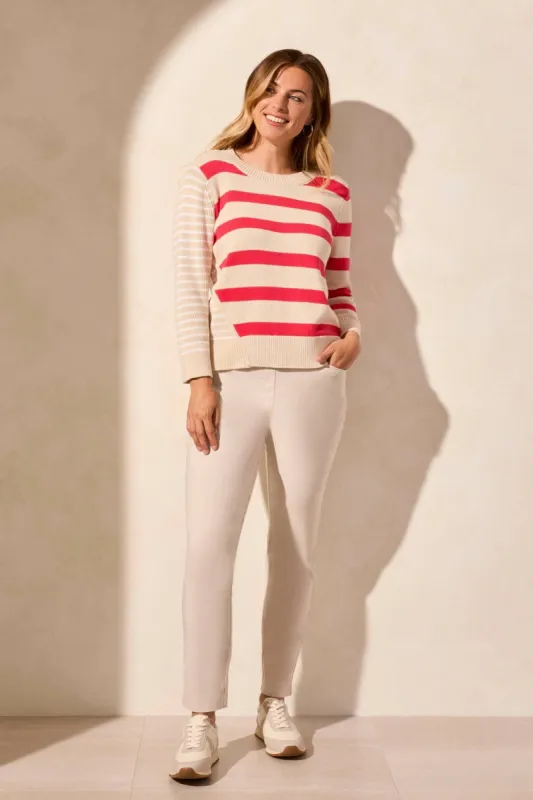Striped Contrast-Side Crew Neck Sweater-Teaberry sold by Tribal