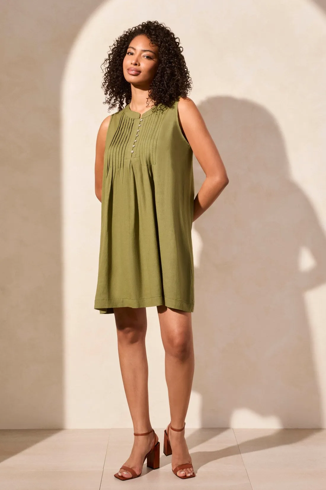 Linen Blend Pleated Sleeveless Dress-Loden sold by Tribal