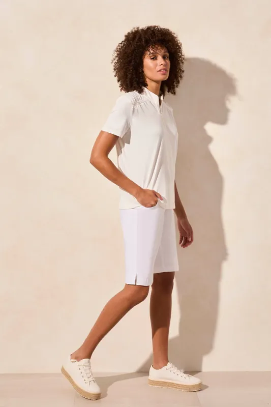 Pointelle Knit Zip-Front Mock Neck Top-White sold by Tribal