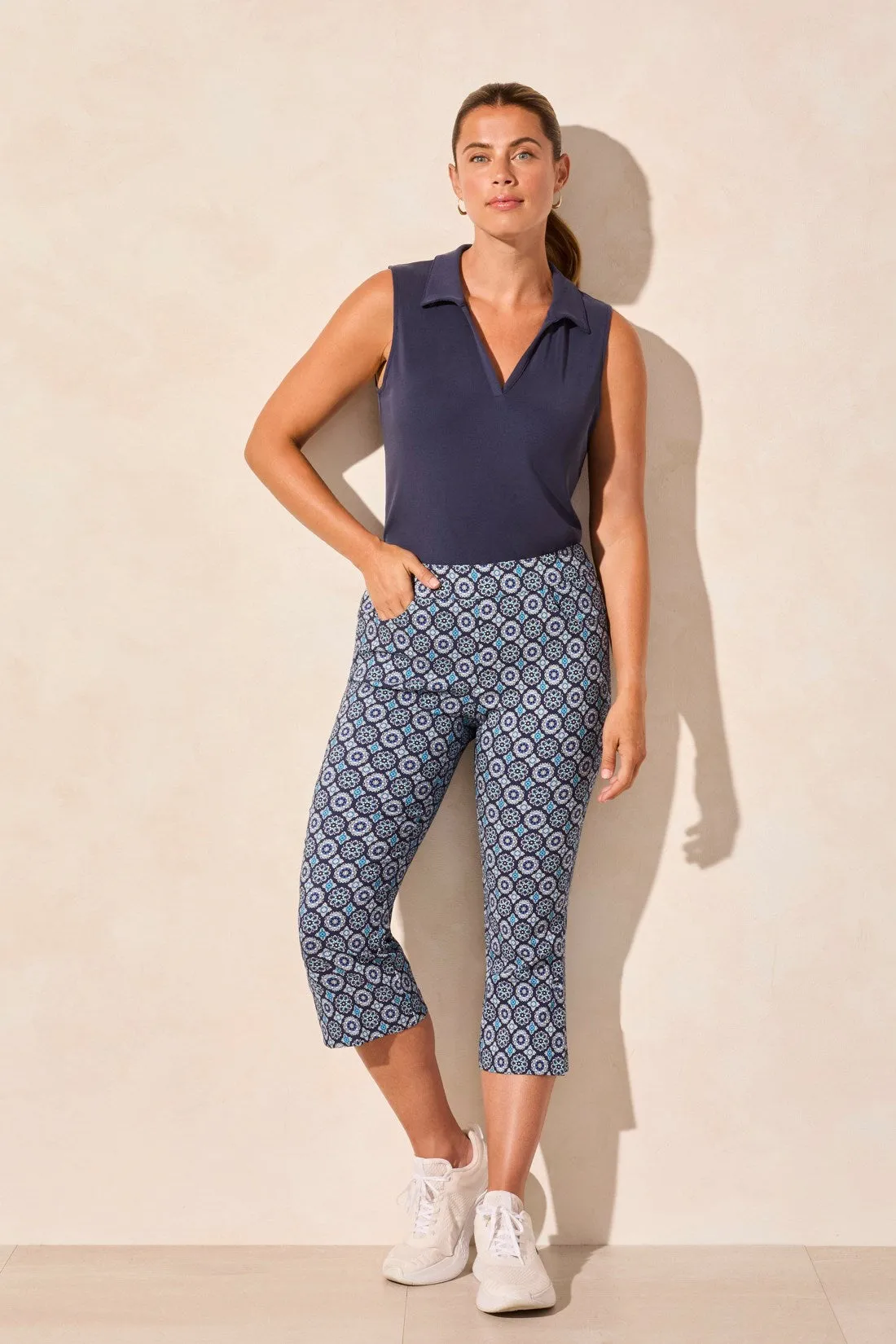 Printed Bengaline Pull-On Capri With Button Vent-Riviera sold by Tribal