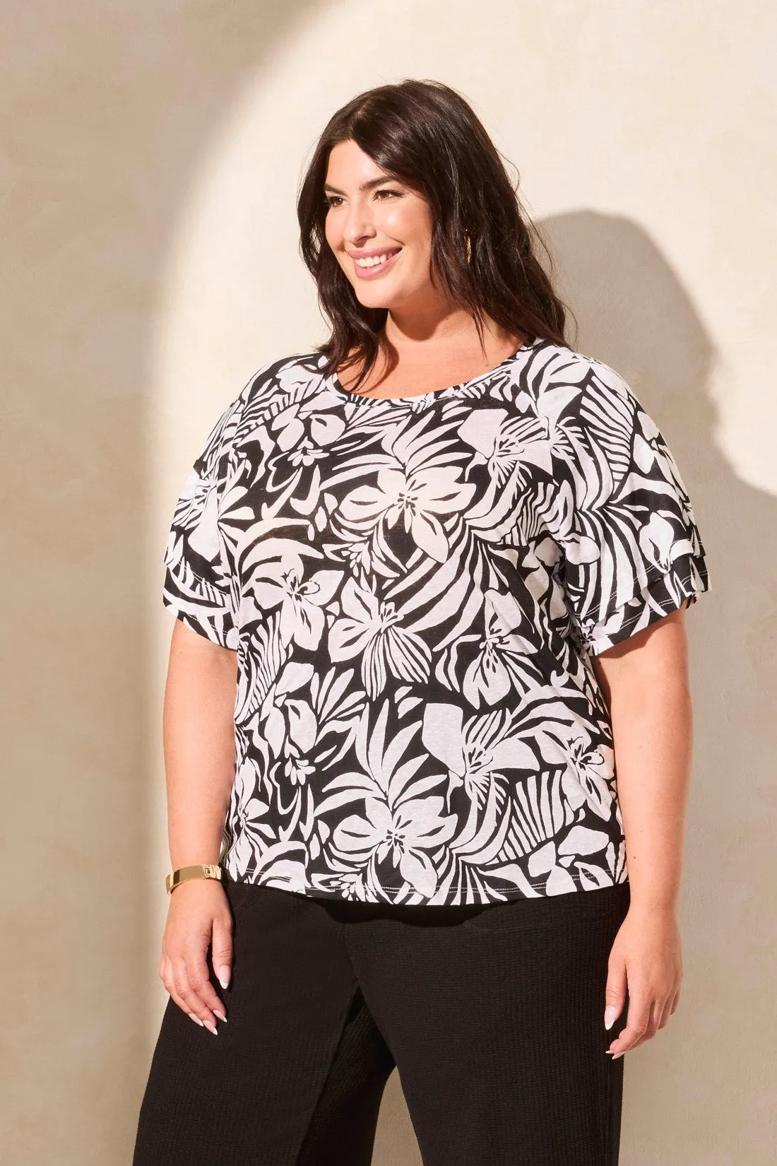 Linen-Blend Ruffle-Sleeve Crew Neck Top-Black sold by Tribal product image thumbnail 3