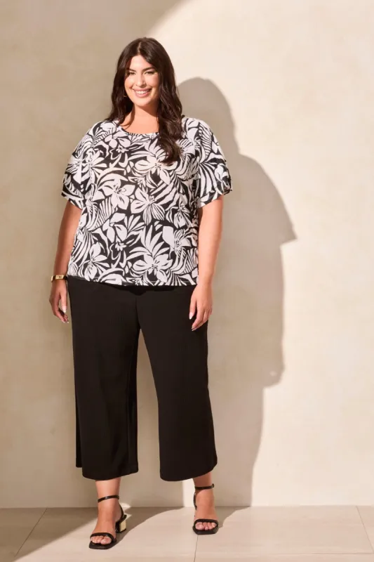 Linen-Blend Ruffle-Sleeve Crew Neck Top-Black sold by Tribal