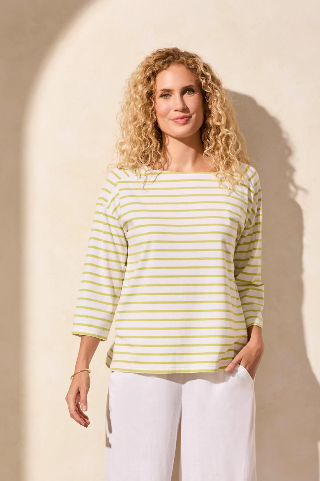 Stripe Jersey Boat Neck Top-Avocado sold by Tribal