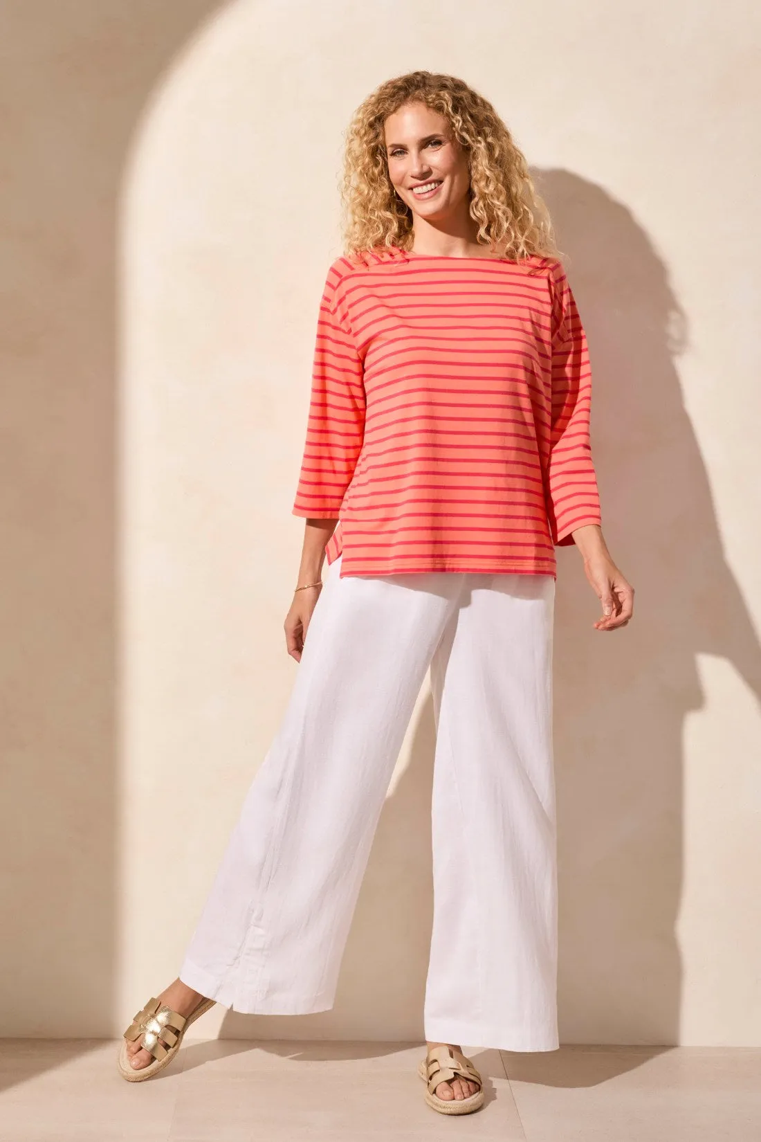 Stripe Jersey Boat Neck Top-Coralsky sold by Tribal