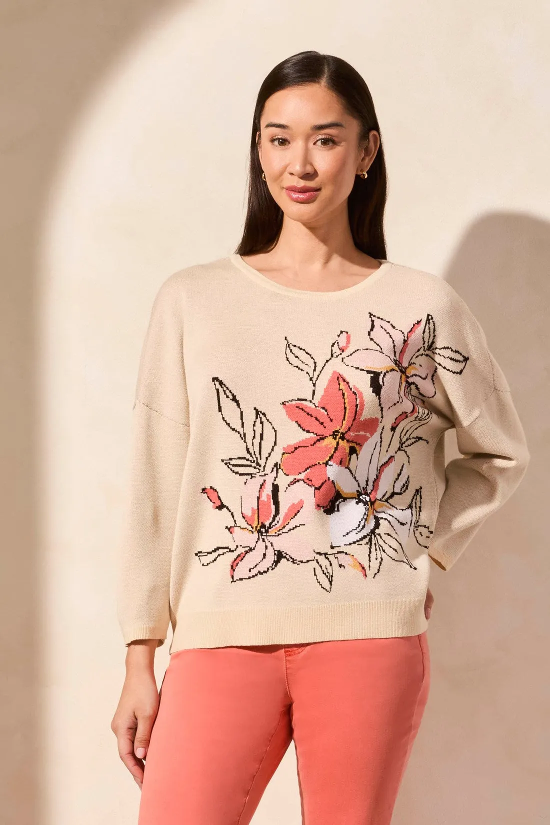 Floral Three-Quarter Sleeve Crewneck Sweater-Safari sold by Tribal
