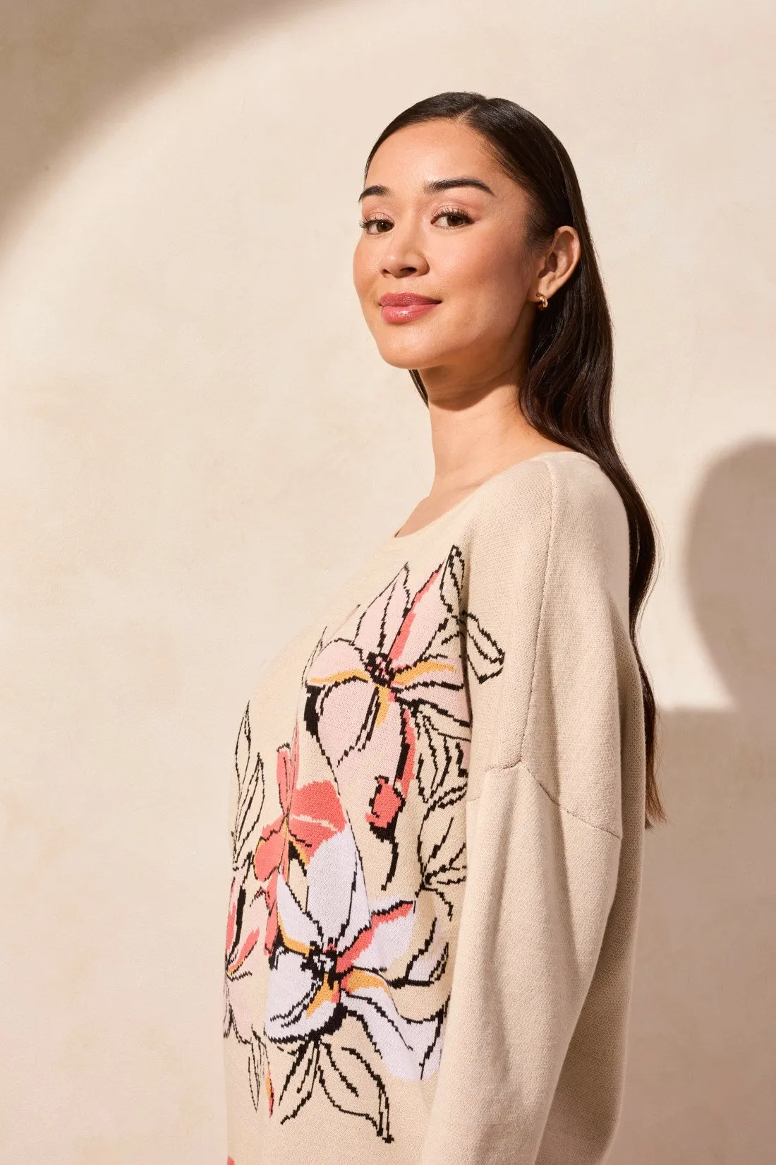 Floral Three-Quarter Sleeve Crewneck Sweater-Safari sold by Tribal product image thumbnail 3