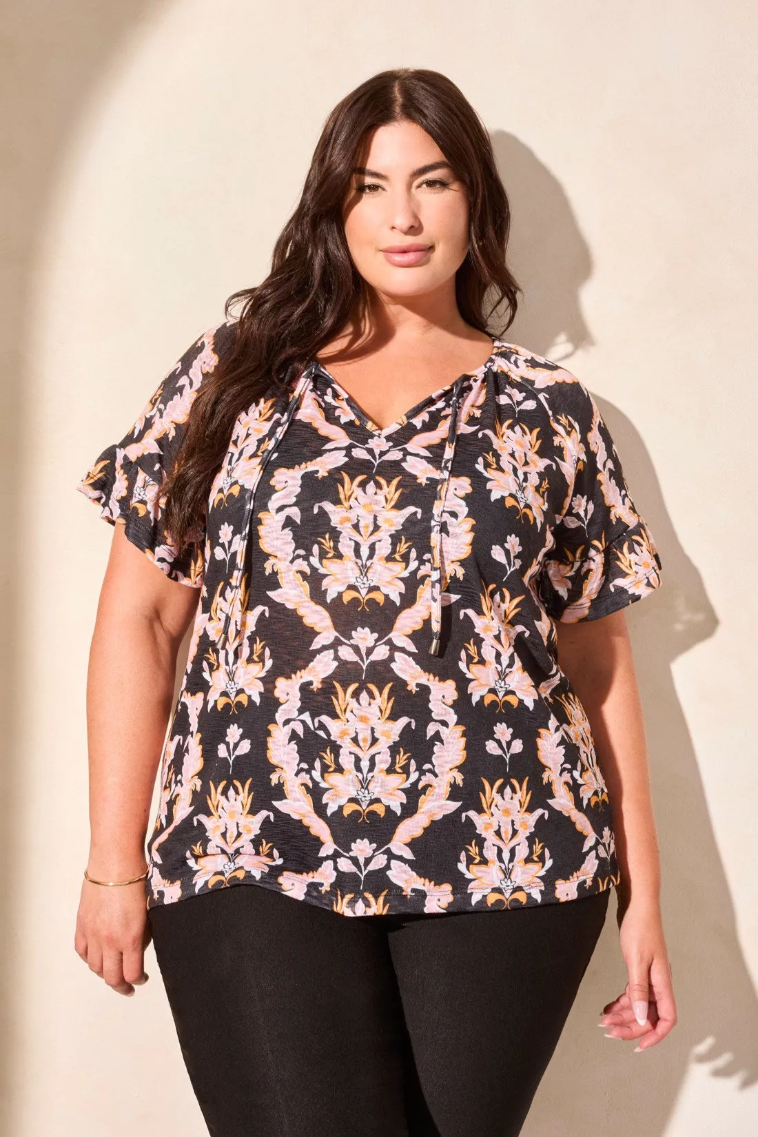 Medallion Frill-Accent Short-Sleeve Raglan Top-Tea Rose sold by Tribal