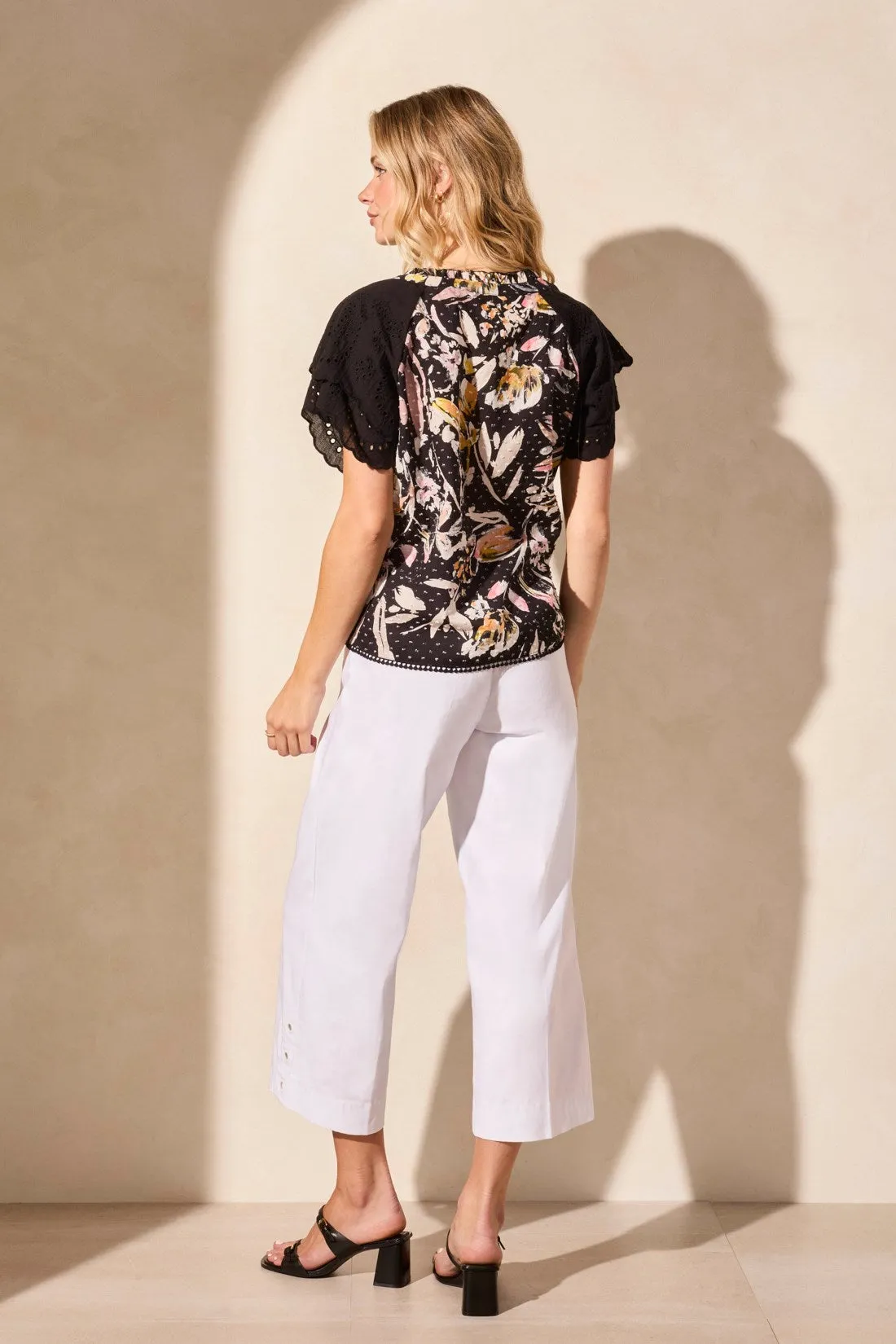 Printed Poplin Eyelet Flutter-Sleeve Blouse-Black sold by Tribal product image thumbnail 5