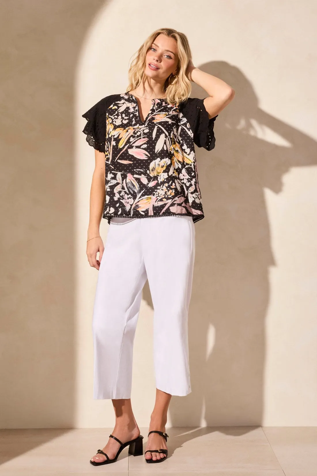 Printed Poplin Eyelet Flutter-Sleeve Blouse-Black sold by Tribal product image thumbnail 3