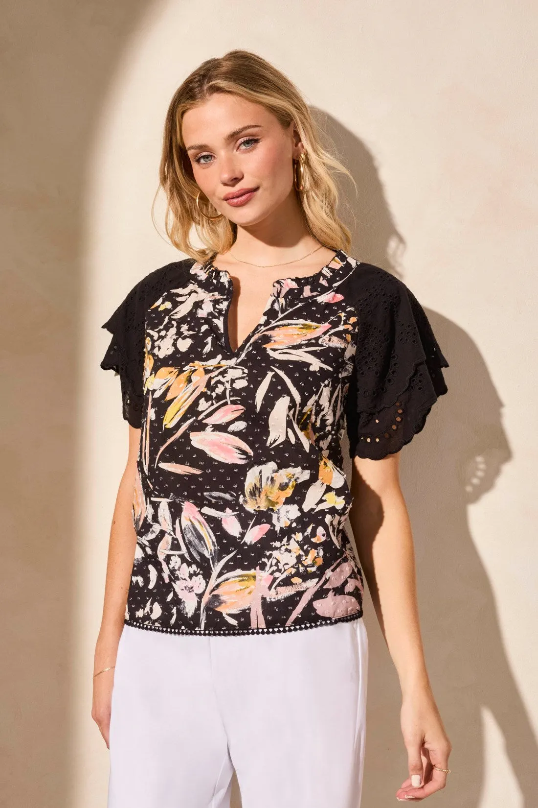 Printed Poplin Eyelet Flutter-Sleeve Blouse-Black sold by Tribal product image thumbnail 2