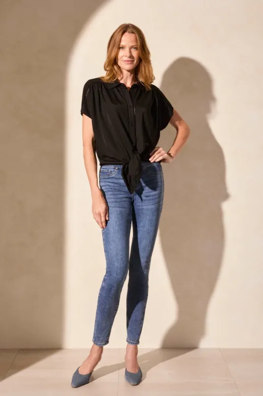 Printed Tie-Front Short-Sleeve Shirt-Black sold by Tribal