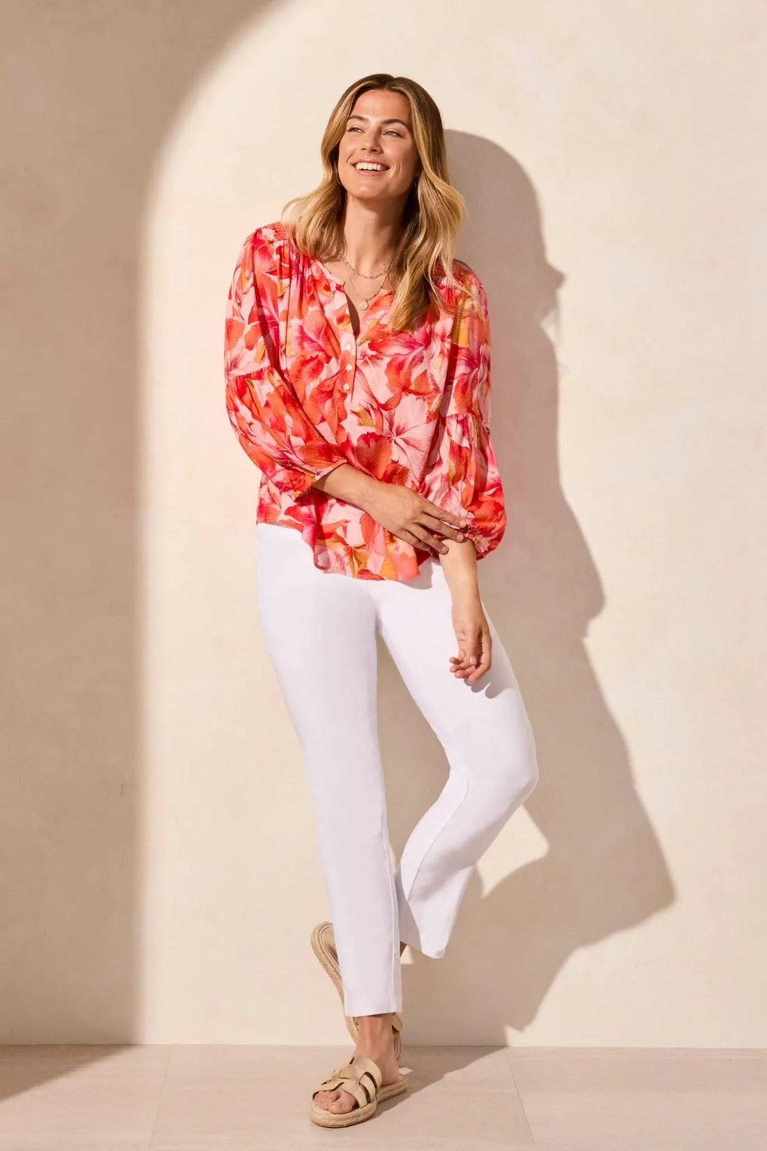 Jacquard Smocked-Yoke Three-Quarter Sleeve Blouse-Coralsky sold by Tribal