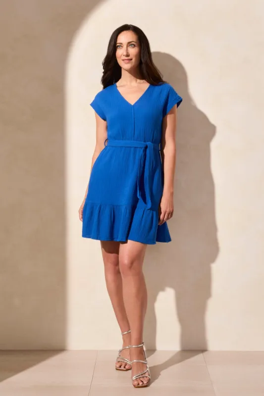 Cotton Gauze Cap Sleeve Dress With Waist Tie-Calypso Blue sold by Tribal