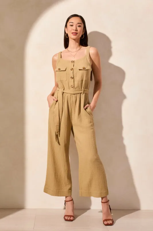 Cotton Gauze Belted Jumpsuit-Nudeolive sold by Tribal
