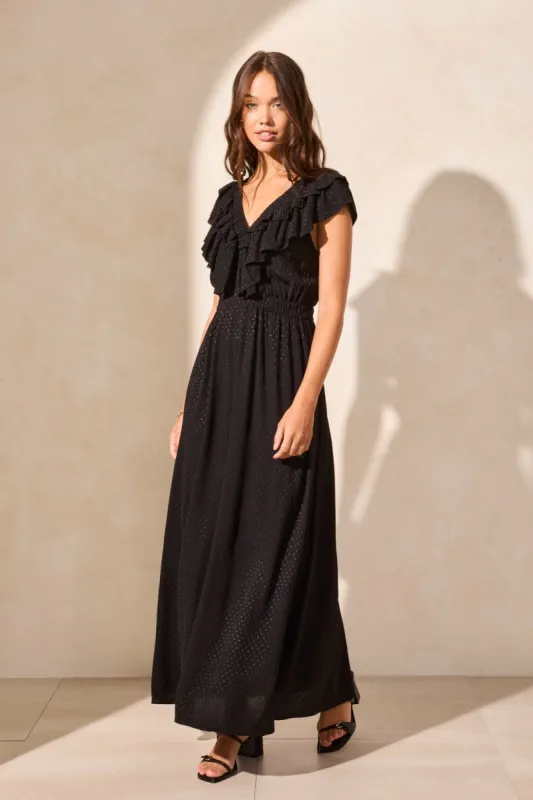 Swiss Dot Open Back Maxi Dress With Frill-Accent-Black sold by Tribal