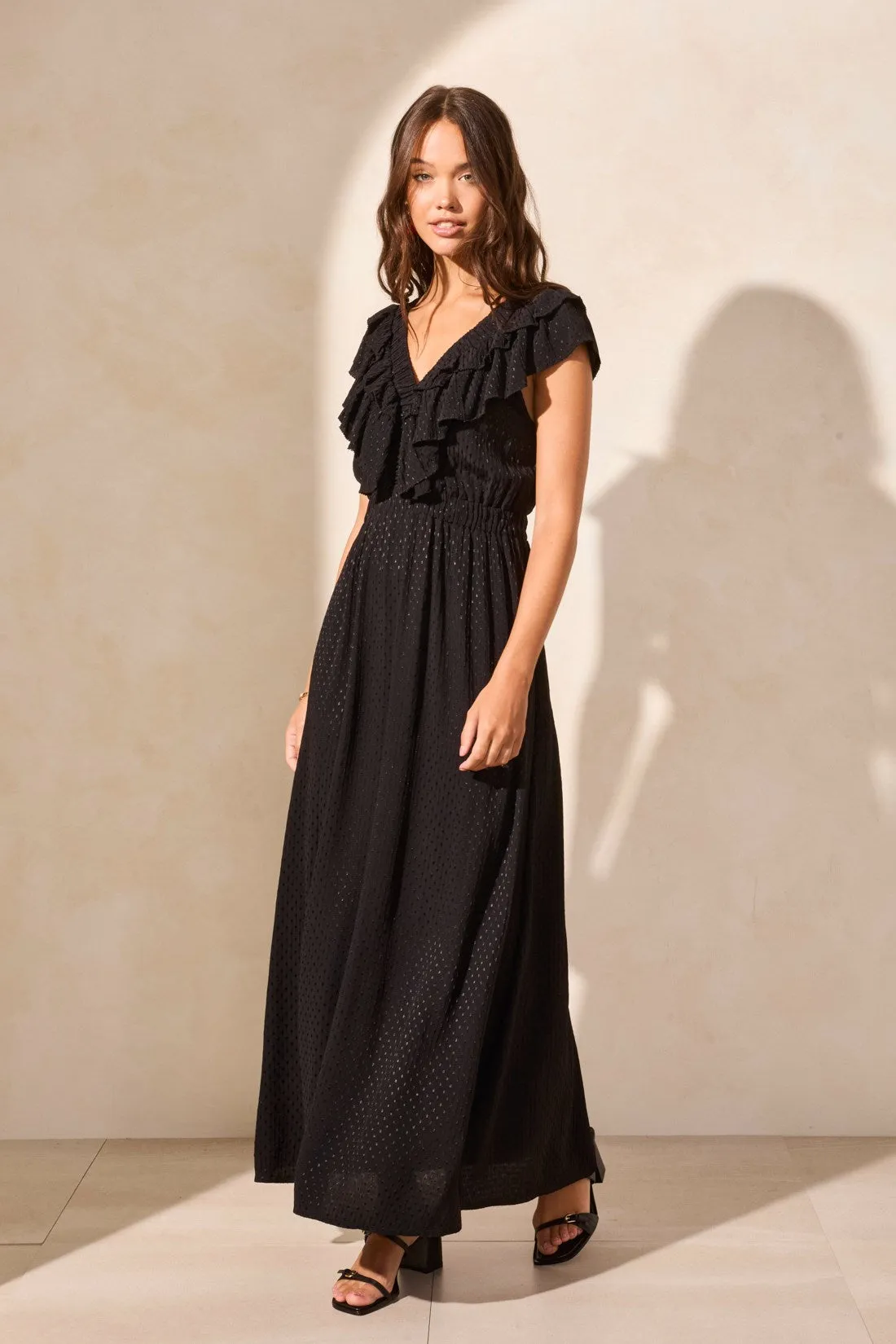 Swiss Dot Open Back Maxi Dress With Frill-Accent-Black sold by Tribal
